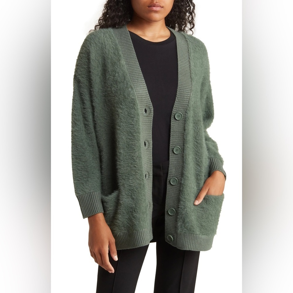 Tahari Green Fuzzy Button Up Open Cardigan Sweater Women’s Size Medium